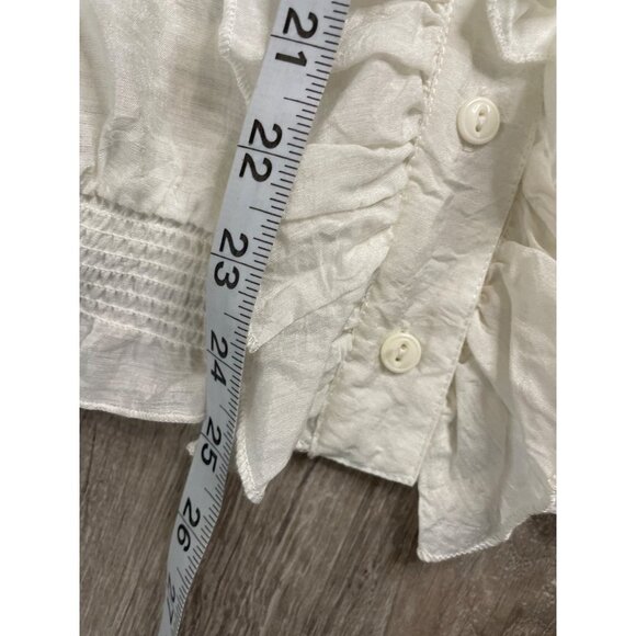 Vicinity White Puff Sleeve Ruffle Front Smocked Elastic Hem Blouse Top Sz LP - Picture 10 of 10